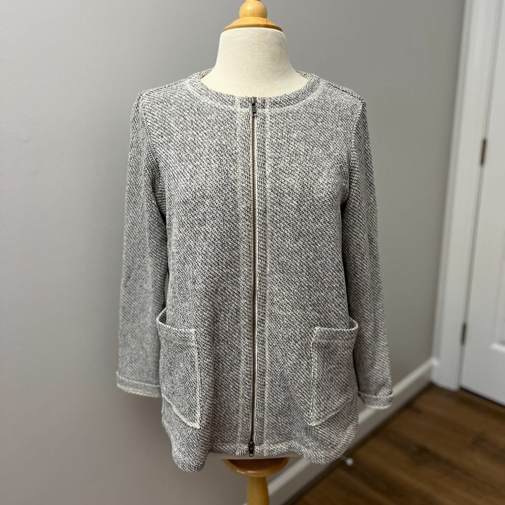 Eileen Fisher Organic Gray Ivory Textured Full Zip Sweater Sz S